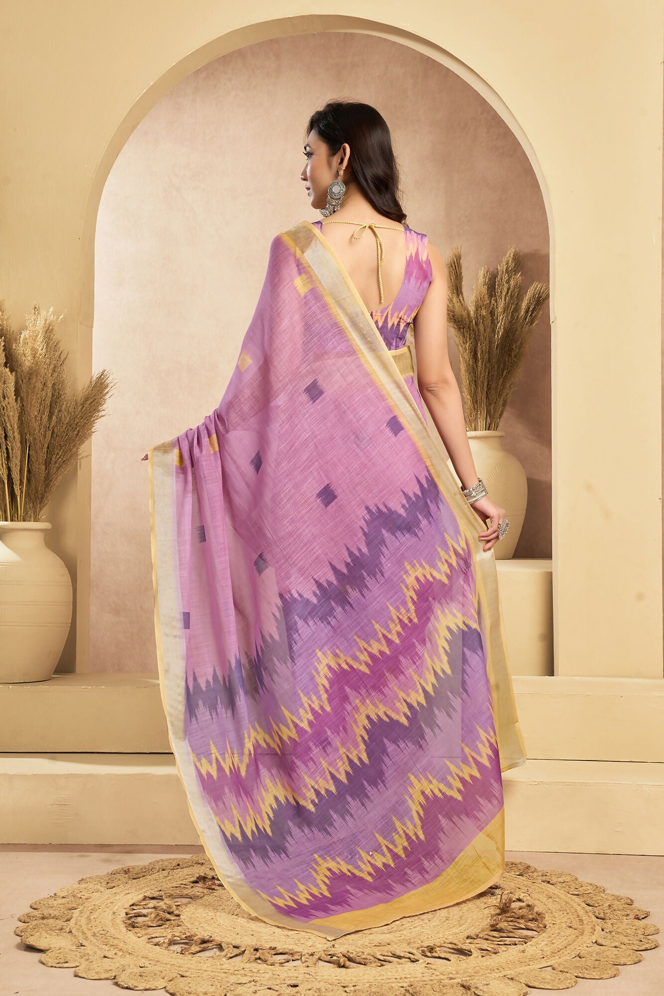 Vastranavya Onion Pink Digital Printed Linen Ready To Wear Pocket Saree with Unstitched Blouse | Grocsy