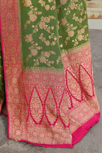 Joban Fashion Green Crepe Chiffon Pure Handloom Banarasi Silk Saree | Grocsy