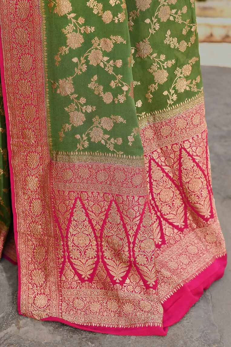 Joban Fashion Green Crepe Chiffon Pure Handloom Banarasi Silk Saree | Grocsy