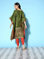 Ahalyaa Women Mehendi Poly Silk Gold Printed Kaftan Kurta | Grocsy