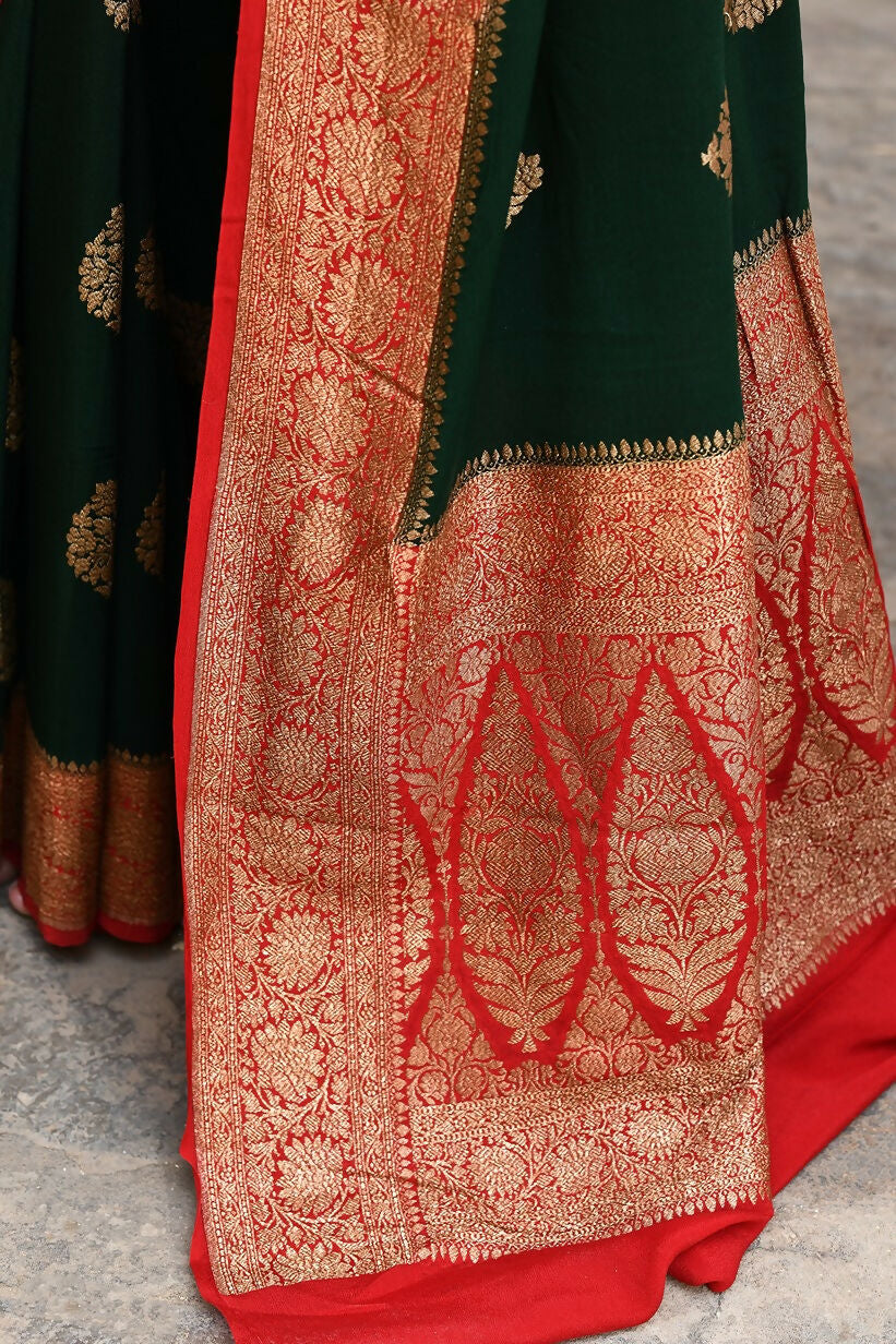 Joban Fashion Emerald Green Crepe Chiffon Pure Handloom Banarasi Silk Saree | Grocsy