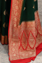 Joban Fashion Emerald Green Crepe Chiffon Pure Handloom Banarasi Silk Saree | Grocsy