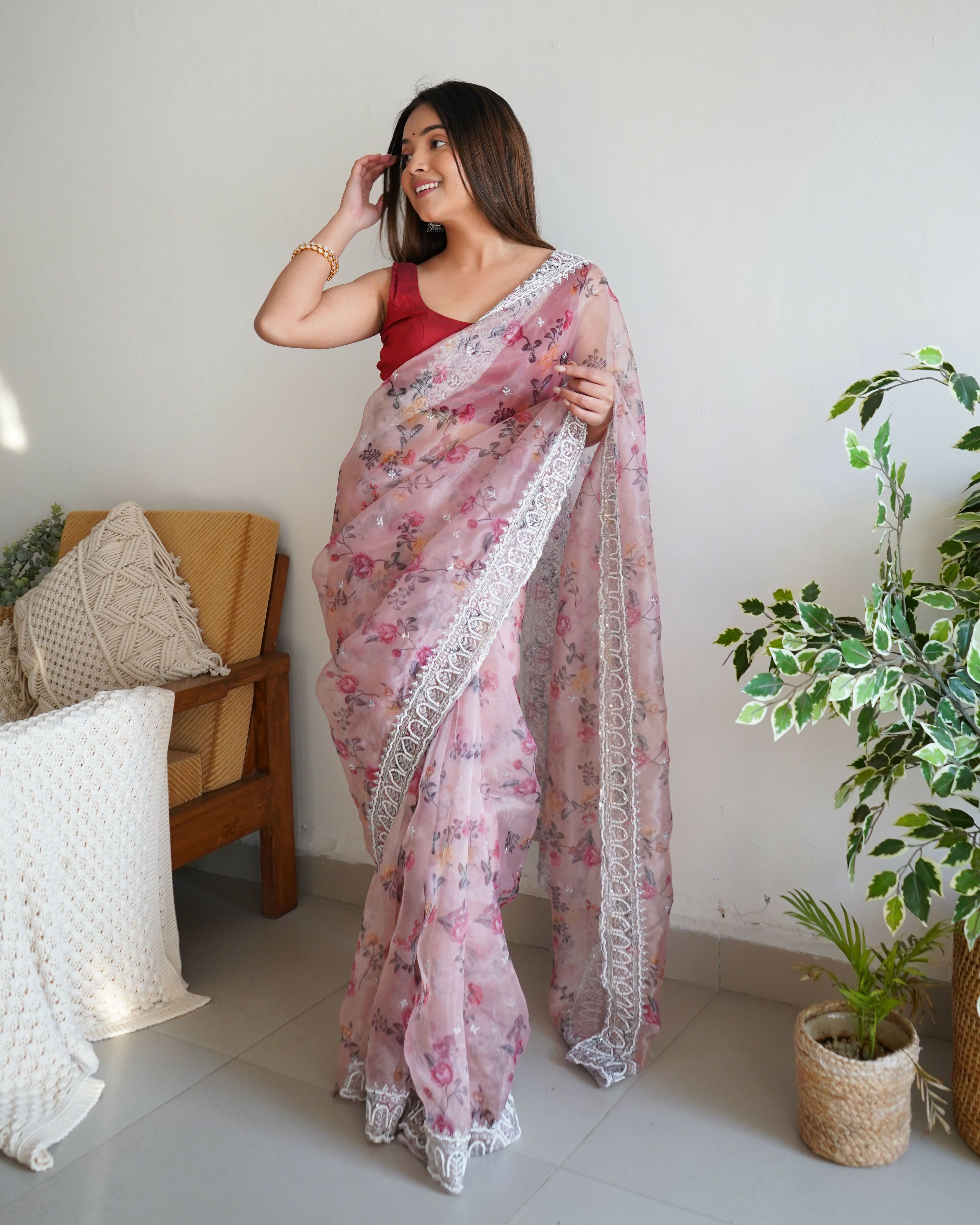 Vamsee Ferry Baby Pink Organza Saree | Grocsy