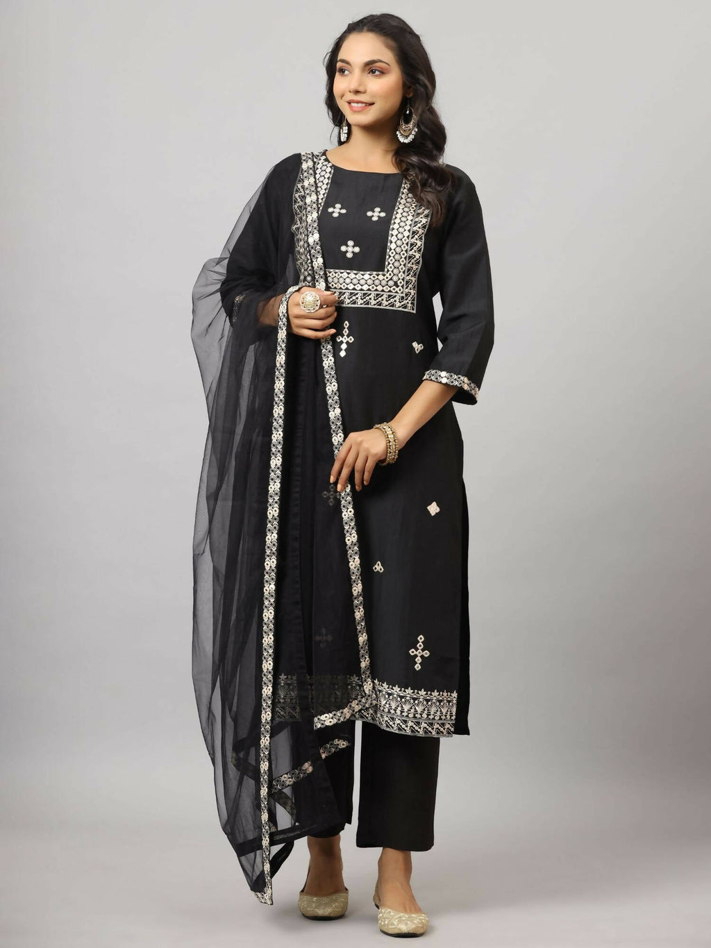 Juniper Women's Black Chinnon Solid Embroidered Kurta Set | Grocsy
