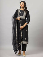 Juniper Women's Black Chinnon Solid Embroidered Kurta Set | Grocsy