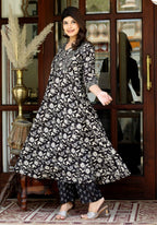 Miravan Women's Black Cotton Anarkali Kurta Embroidered Neck With Palazzo | Grocsy