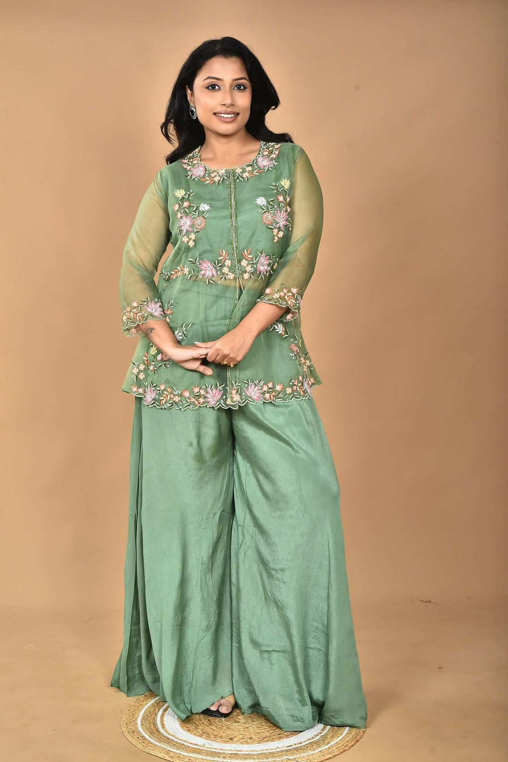 Morchari Women And Hand Embroidery Palazzo Set-Green | Grocsy