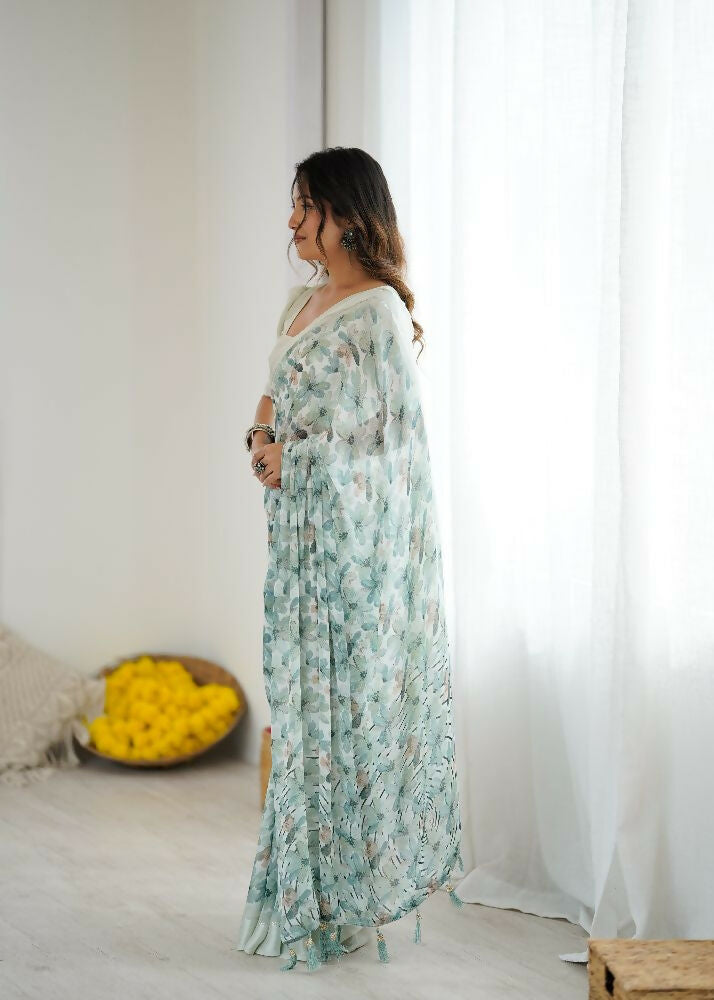 PR Fashion See_Green Bright Moss Satin Patta Printed Saree | Grocsy