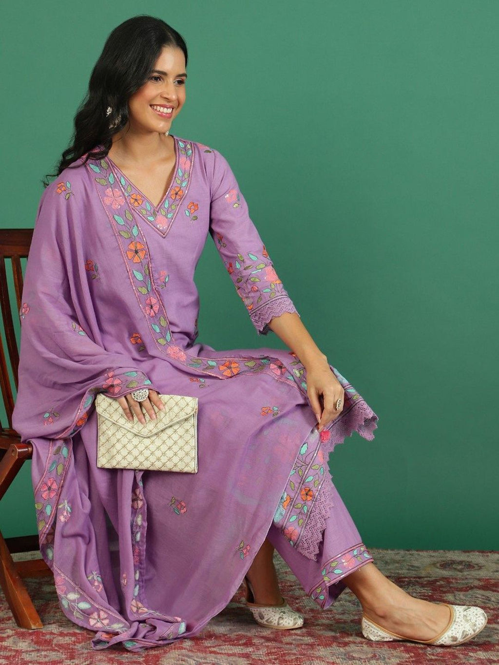 Sangria Embroidered V- Neck Kurta & Trousers With Dupatta | Grocsy