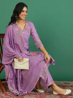 Sangria Embroidered V- Neck Kurta & Trousers With Dupatta | Grocsy