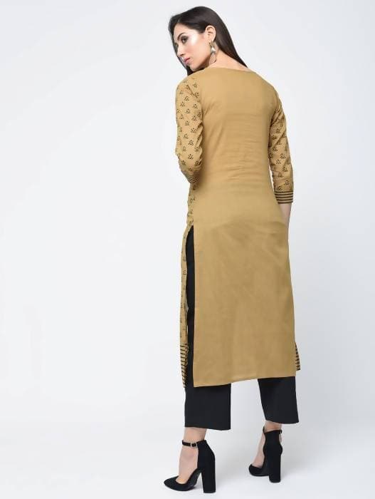 Aniyah Cotton Block Printed Beige Color Front Slit Kurta (AN-117K) | Grocsy