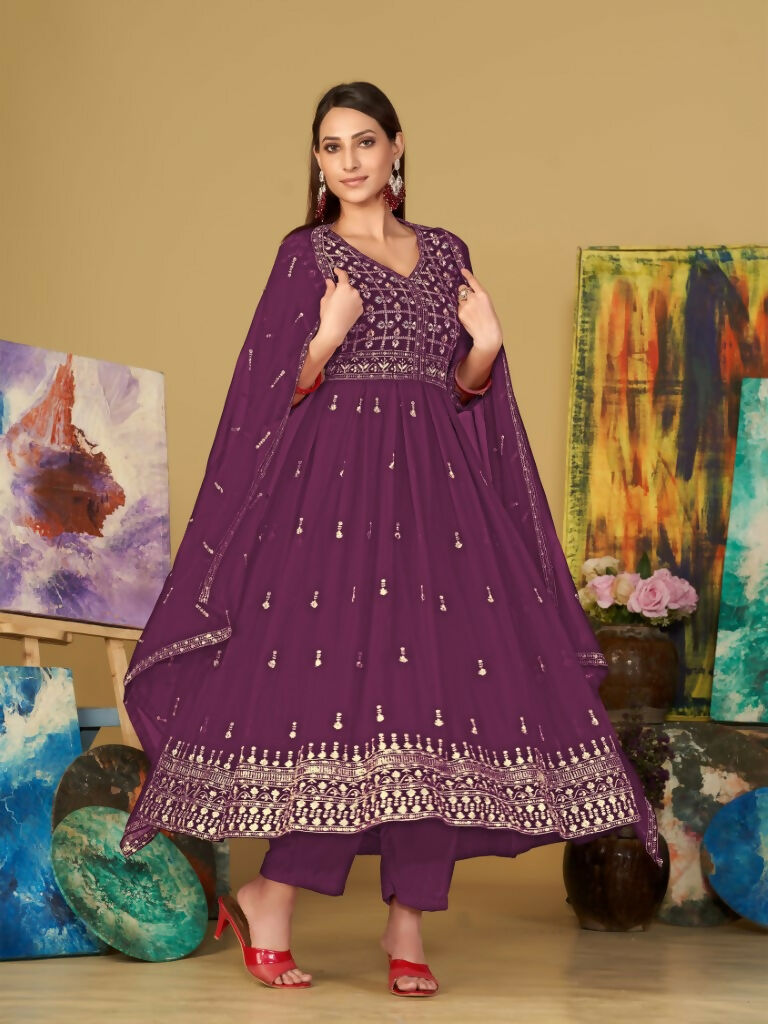 Jyoti Fashion Women's Purple Georgette Embroidered Anarkali Kurta Pant Set With Dupatta | Grocsy