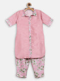 Ahalyaa Pink Poly Silk Solid Kids Kurta with Printed Pant Set For Girls | Grocsy