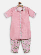 Ahalyaa Pink Poly Silk Solid Kids Kurta with Printed Pant Set For Girls | Grocsy