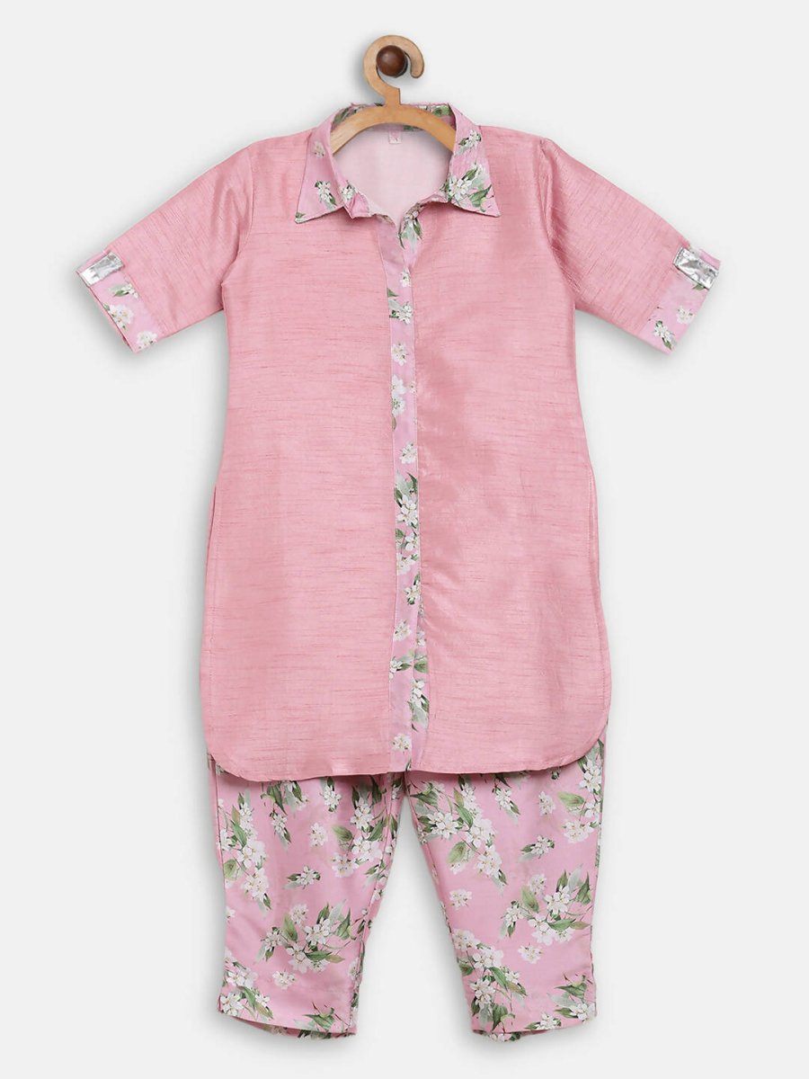 Ahalyaa Pink Poly Silk Solid Kids Kurta with Printed Pant Set For Girls | Grocsy