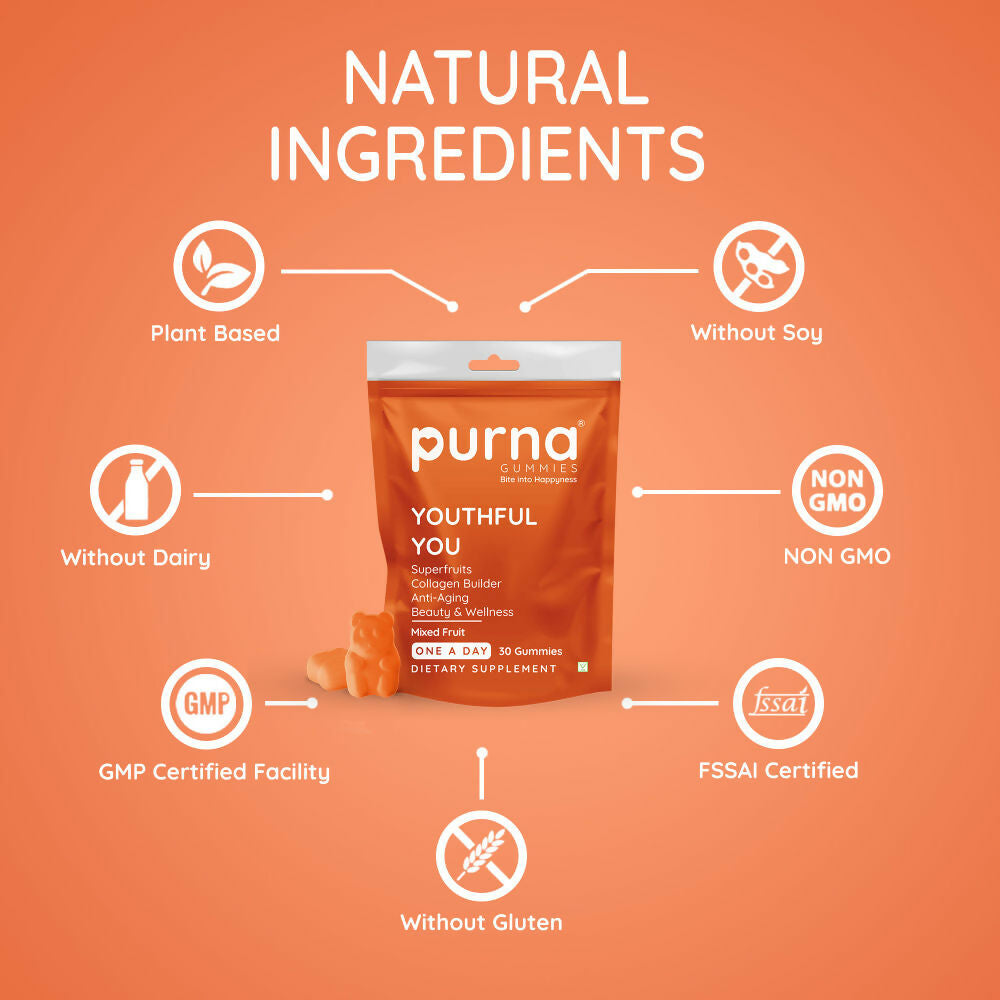 Purna Gummies Superfruits Collagen Mixed Fruit Flavour Gummies for Hair and Skin | Grocsy
