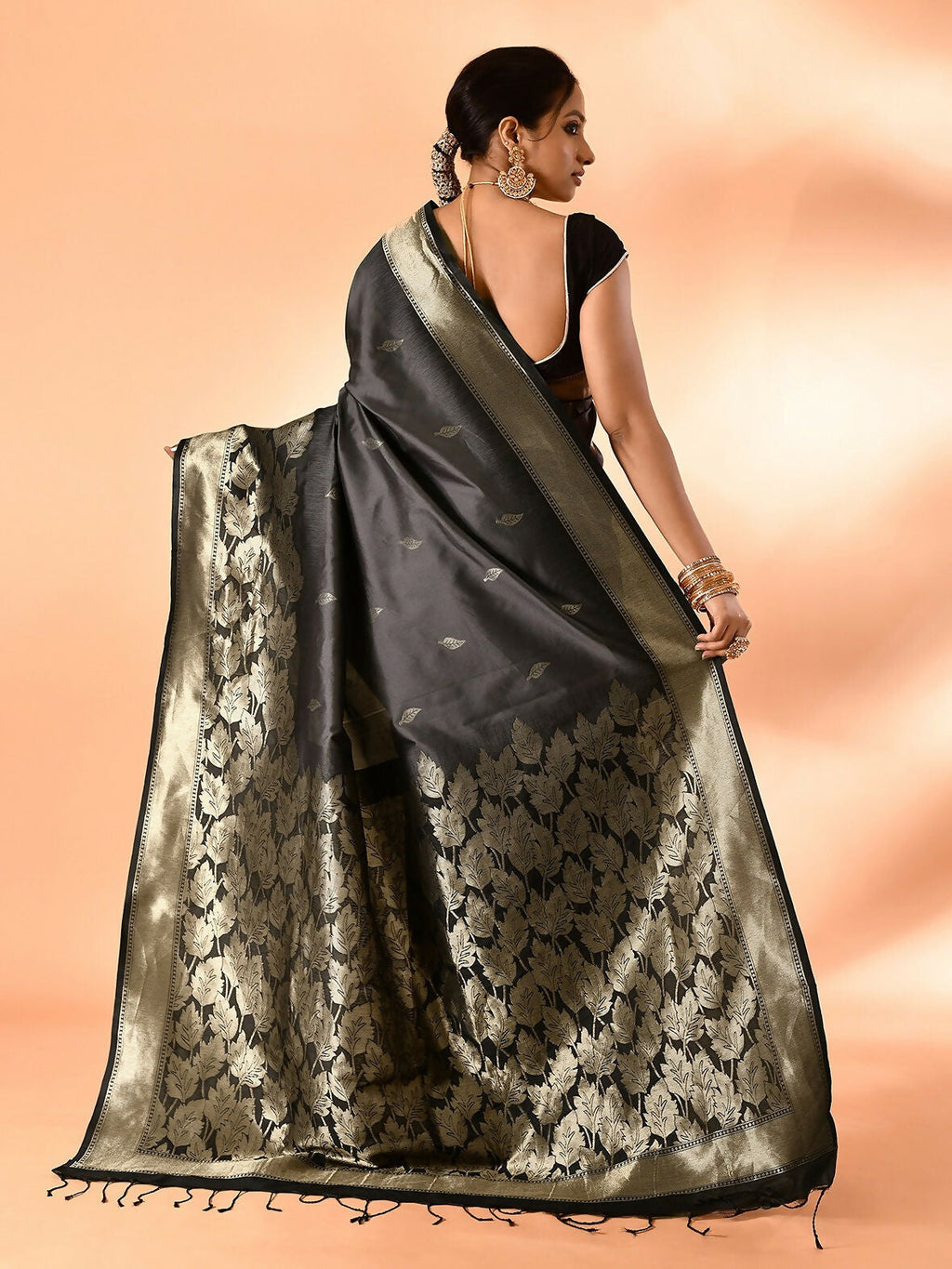 Joban Fashion Grey & Black Plain With Weaving Border Banarasi Silk Sarees | Grocsy