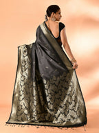 Joban Fashion Grey & Black Plain With Weaving Border Banarasi Silk Sarees | Grocsy