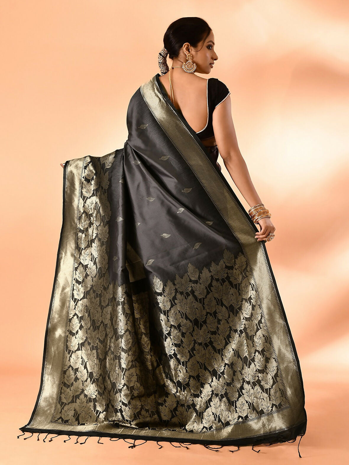Joban Fashion Grey & Black Plain With Weaving Border Banarasi Silk Sarees | Grocsy