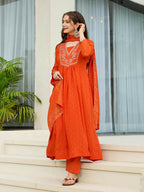 The52 Orange Women's Gorgeous Embroidered Chinon Fabric Flared Kurta Pant and Dupatta Set | Grocsy
