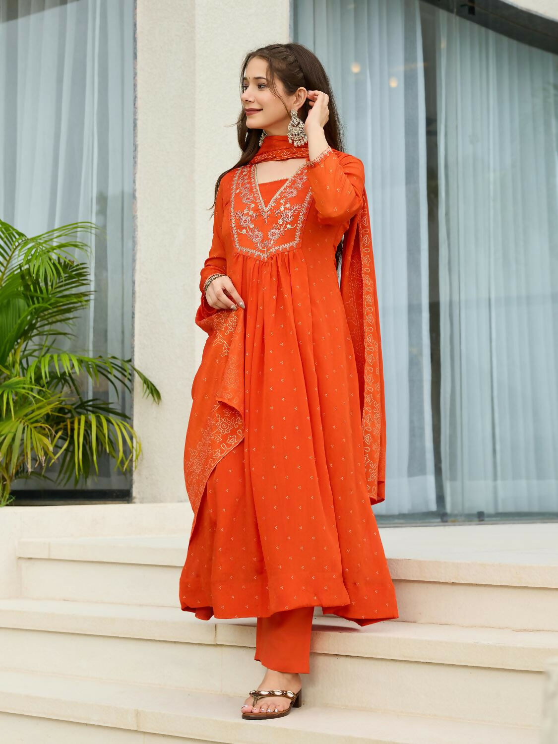 The52 Orange Women's Gorgeous Embroidered Chinon Fabric Flared Kurta Pant and Dupatta Set | Grocsy