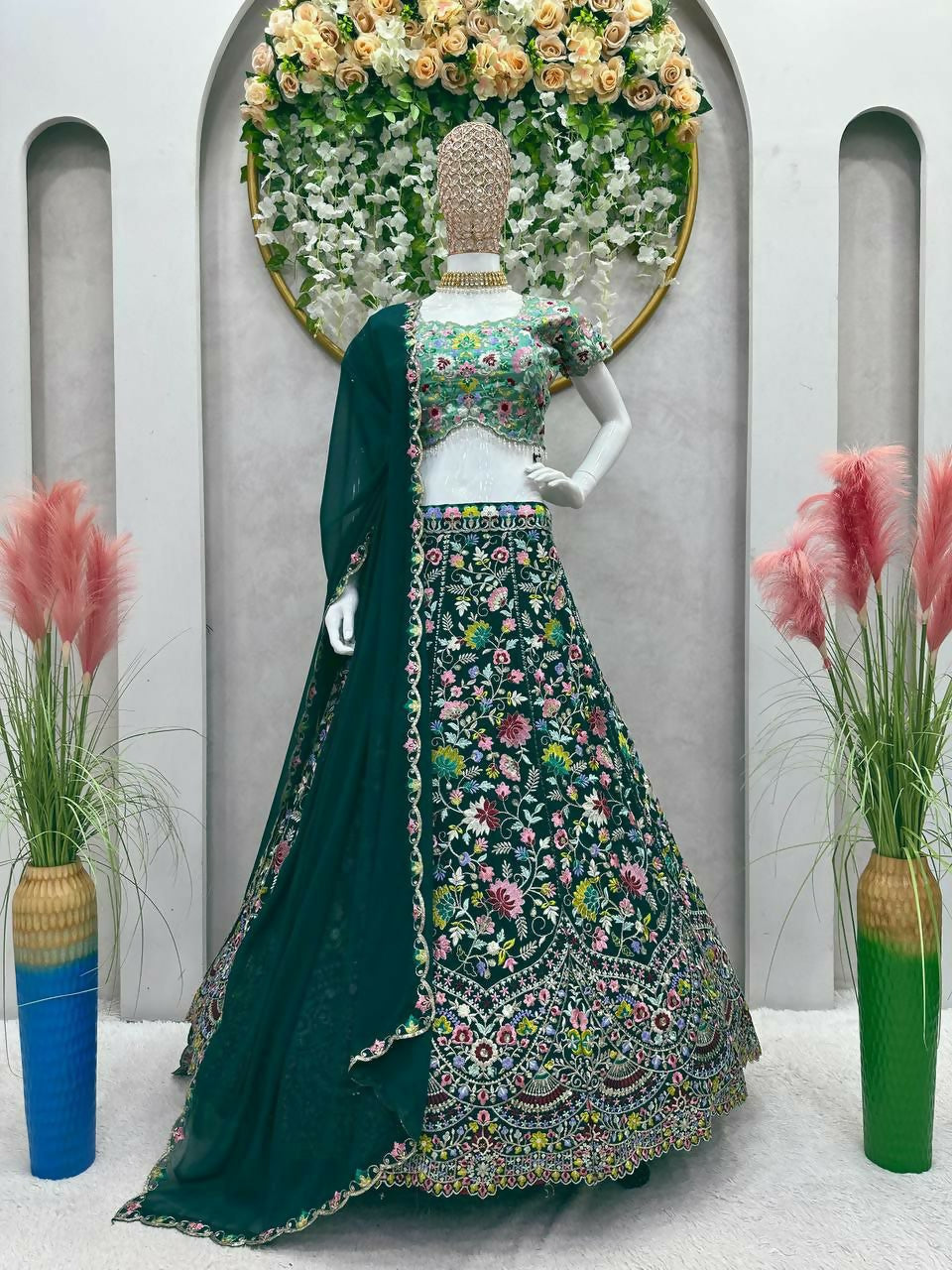 Jyoti Fashion Women's Bottle Green Faux Georgette Sequins with Thread Embroidered Designer Lehenga Choli Set | Grocsy