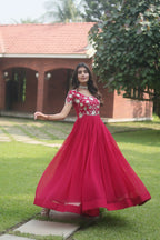 Jyoti Fashion Women's Rani Pink Sequins Embroidered Faux Georgette Anarkali Dress | Grocsy