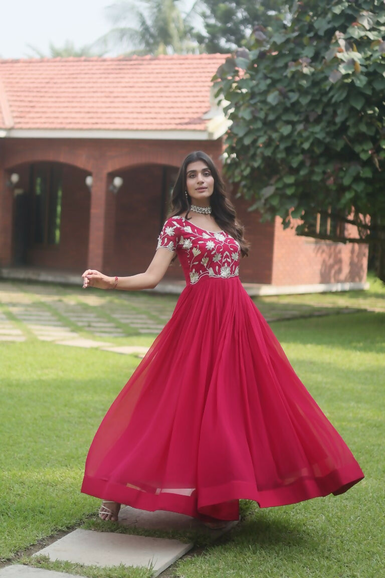 Jyoti Fashion Women's Rani Pink Sequins Embroidered Faux Georgette Anarkali Dress | Grocsy