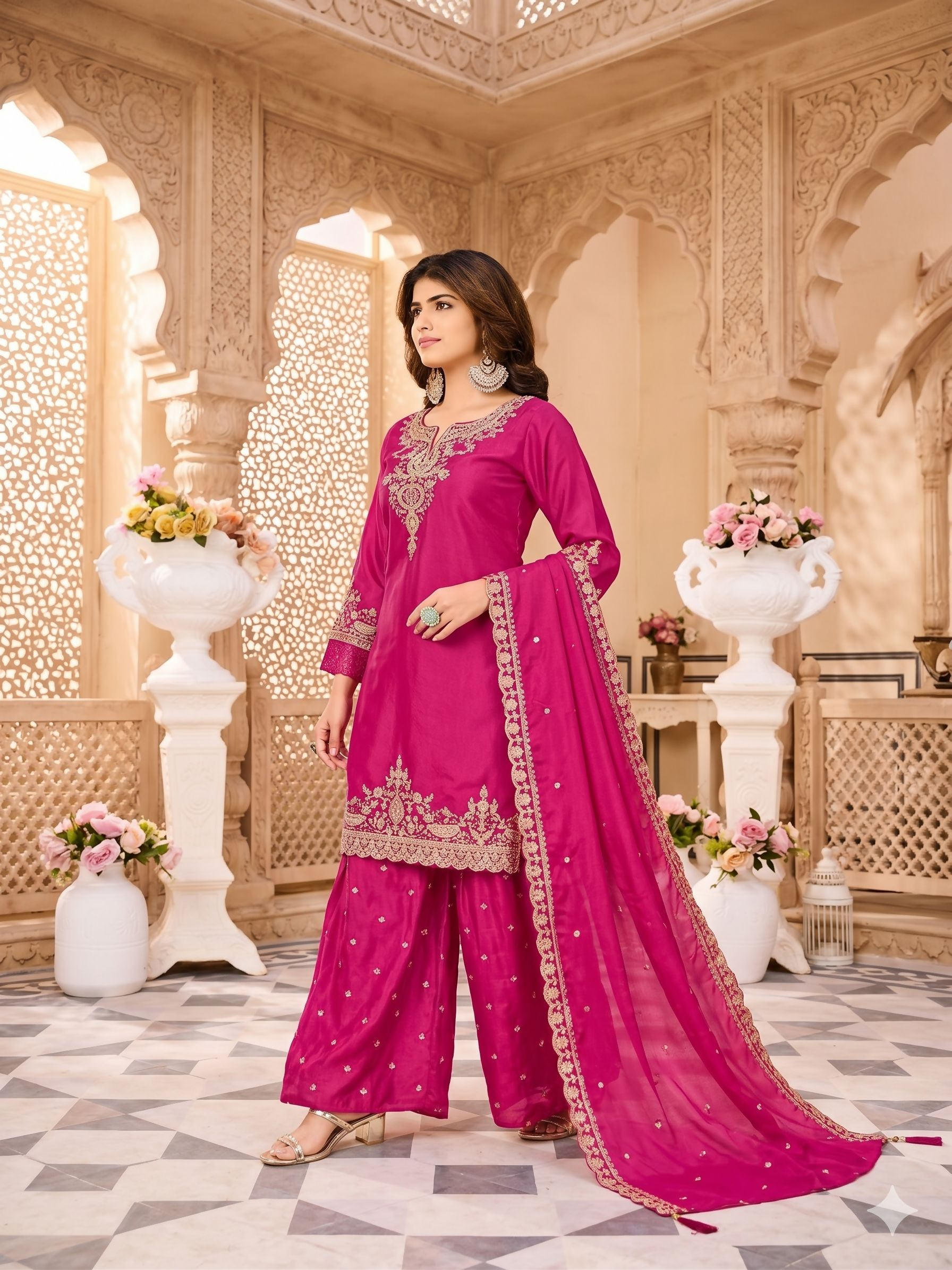 Teeya Creation Womens New Stylish Silk Embroidered Pink Sharara Suit With Golden Zari Work And Lace Border Dupatta | Grocsy