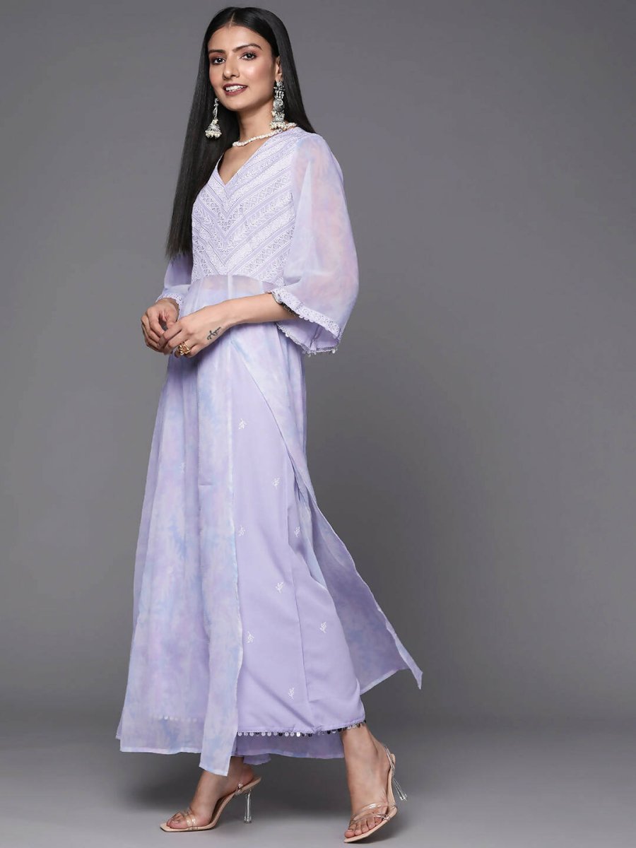 Ahalyaa Lavender & White Floral Printed High Slit Sequined Kurta with Palazzos | Grocsy