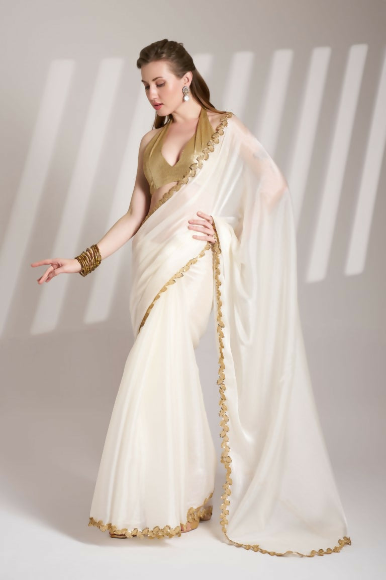 White Burberry Organza Solid Fancy Designer Saree - Nafisa | Grocsy