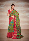 Green Cotton Floral Printed Saree With Unstitched Blouse Piece - Kathika | Grocsy