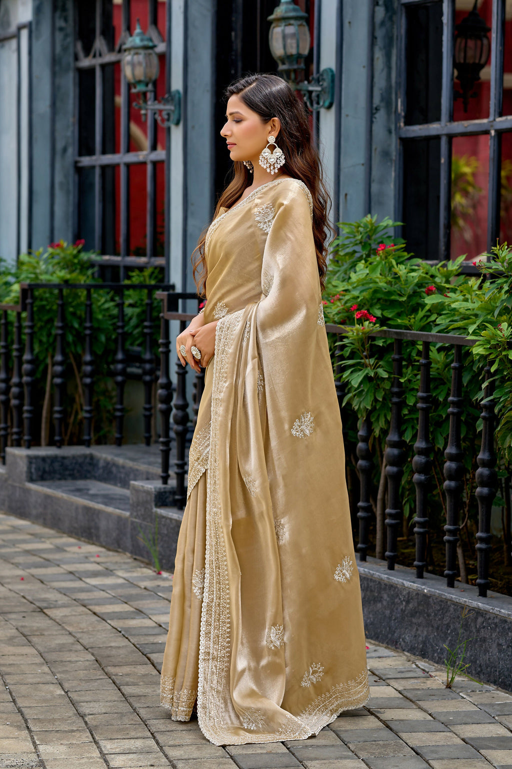 Vastranavya Beige Embroidery Work Shimmer Chiffon Saree with Unstitched Blouse | Grocsy