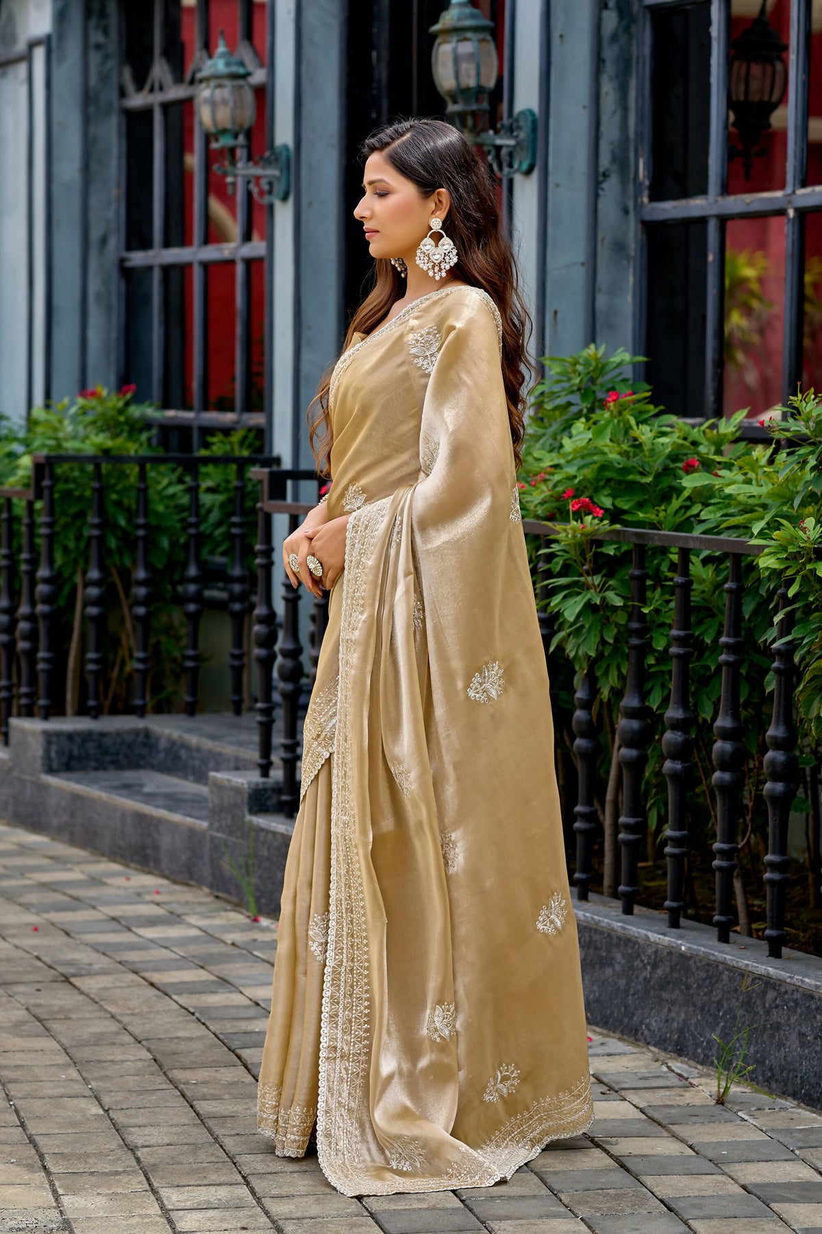Vastranavya Beige Embroidery Work Shimmer Chiffon Saree with Unstitched Blouse | Grocsy