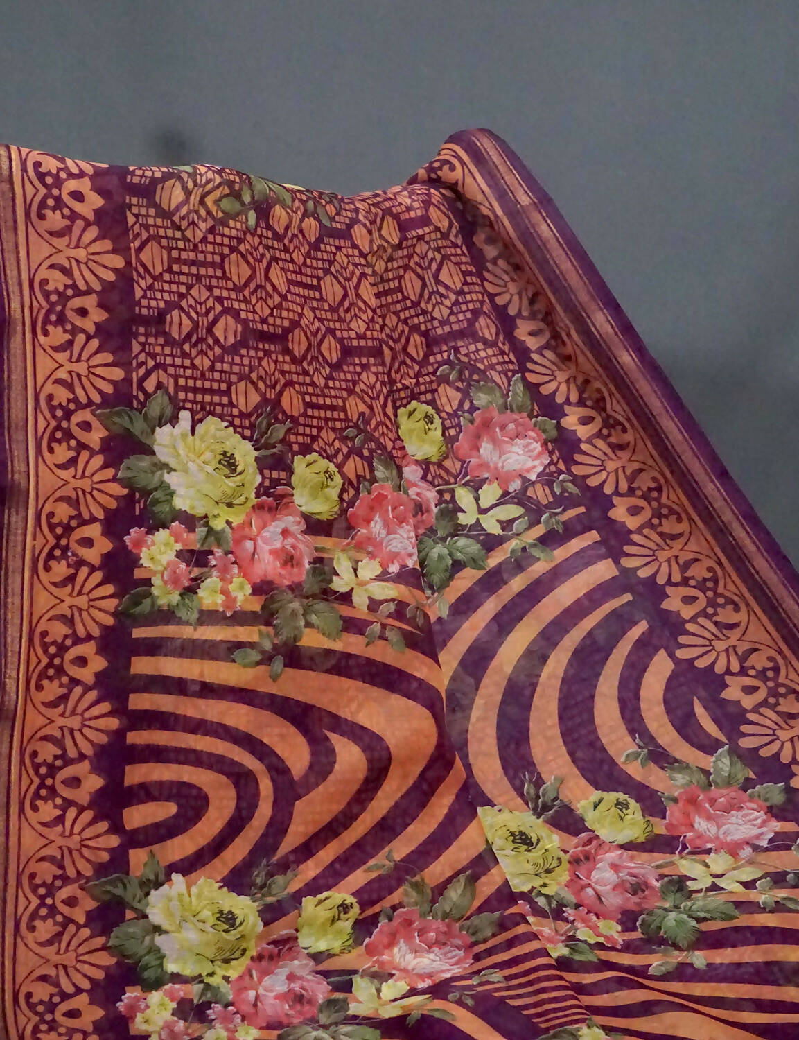 Shades Of Burgundy Floral Design Semi Chanderi Saree By Gayathri Reddy Designer Studio | Grocsy