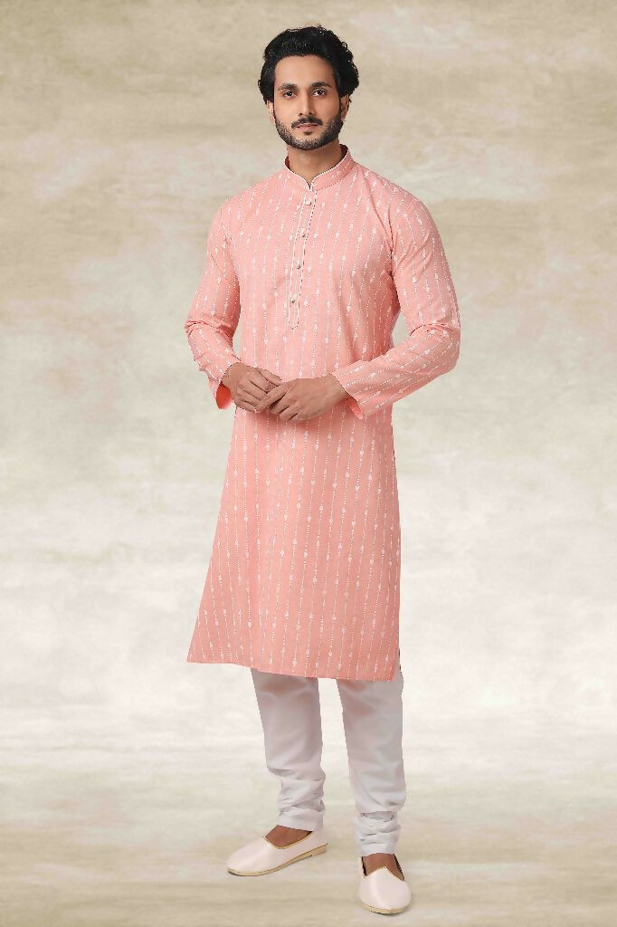 Raivat Ethnic Cotton Printed Work Kurta Pajama In Pink Colour | Grocsy