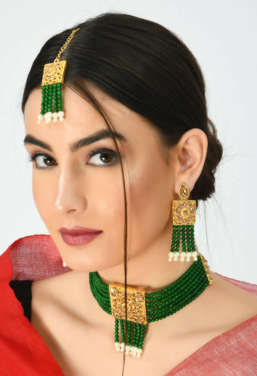 Mominos Fashion Johar Kamal Gold-Polished Kundan & Pearls Necklace Green/Golden Color Choker Set | Grocsy