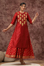 Juniper Women Maroon Chanderi Silk Embroidered & Printed Layered Dress | Grocsy