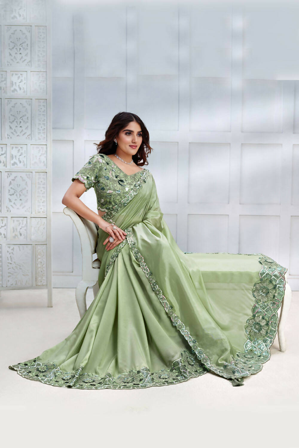 Pista Green Tusser Silk Cord & Sequence Embroidered with Stone work Saree - Mohmanthan Majestica | Grocsy