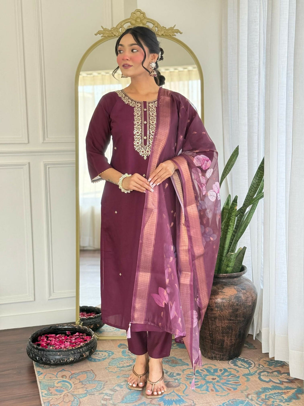 The52 Wine Women's Gorgeous Rayon Fabric Embroidered Work Straight Kurta Pant and Dupatta Set | Grocsy