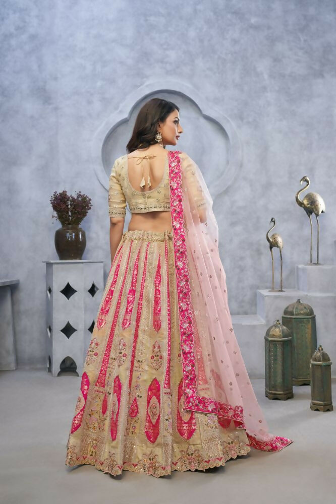 Kesar Fab Chiku Organza Embroidered Lehenga | Grocsy