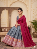 Teeya Creation Graceful Grey Ethnic Set Paired with Magenta Pink Scalloped Border Dupatta | Grocsy