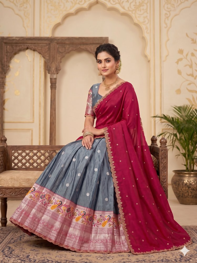 Teeya Creation Graceful Grey Ethnic Set Paired with Magenta Pink Scalloped Border Dupatta | Grocsy
