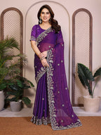 Teeya Creation New Womens Latest Party Wear Soft Chiffon Silk Saree-Purple | Grocsy
