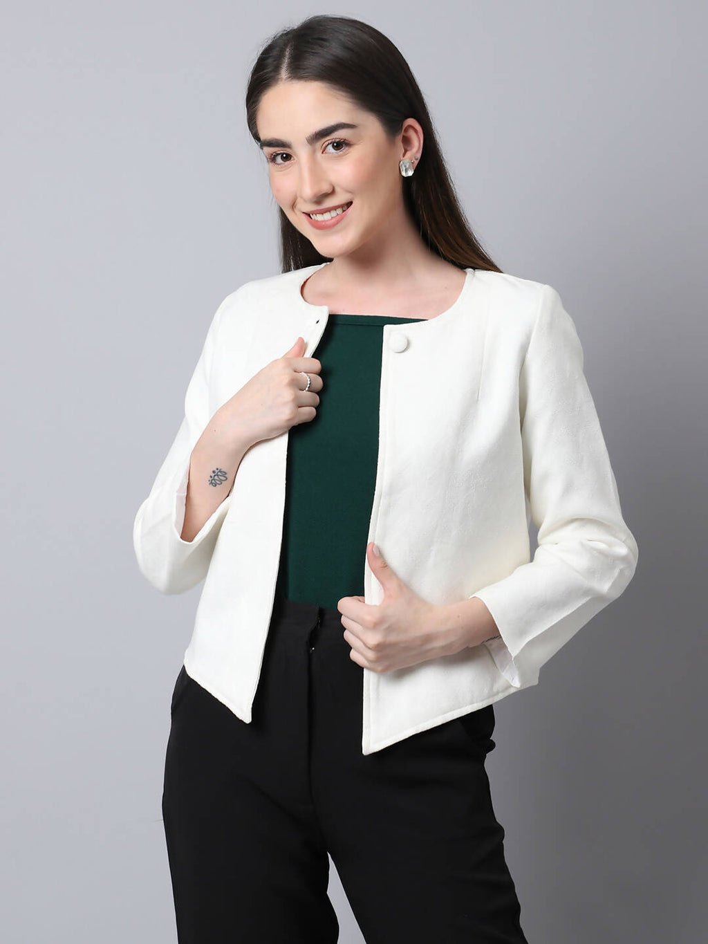 Even Apparels White 100% Viscose Open Front Statement Women's Jacket | Grocsy