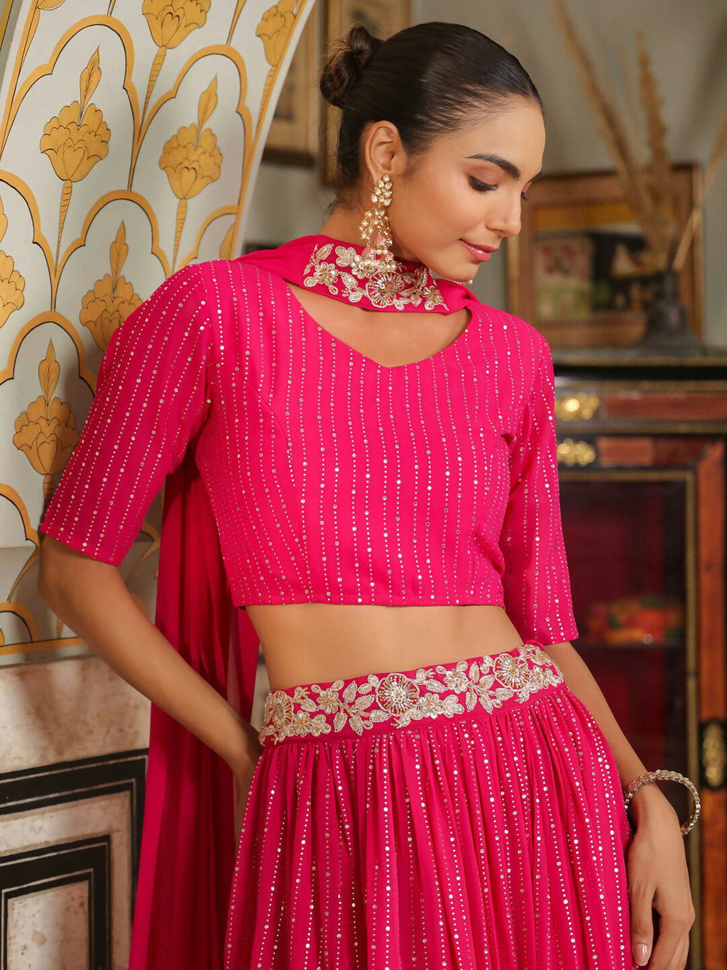 Janasya Pink Georgette Foil Print Lehenga Choli Dupatta | Grocsy