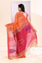 Piyari Fashion Women's Orange Temple Border Embellished Cotton Blend Jamdani Saree | Grocsy