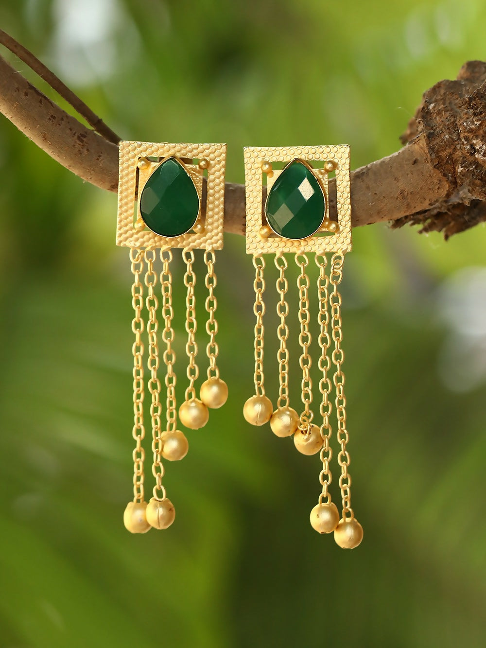 Joban Fashion Women Green Stone Golden Beats Matte Gold Earrings | Grocsy