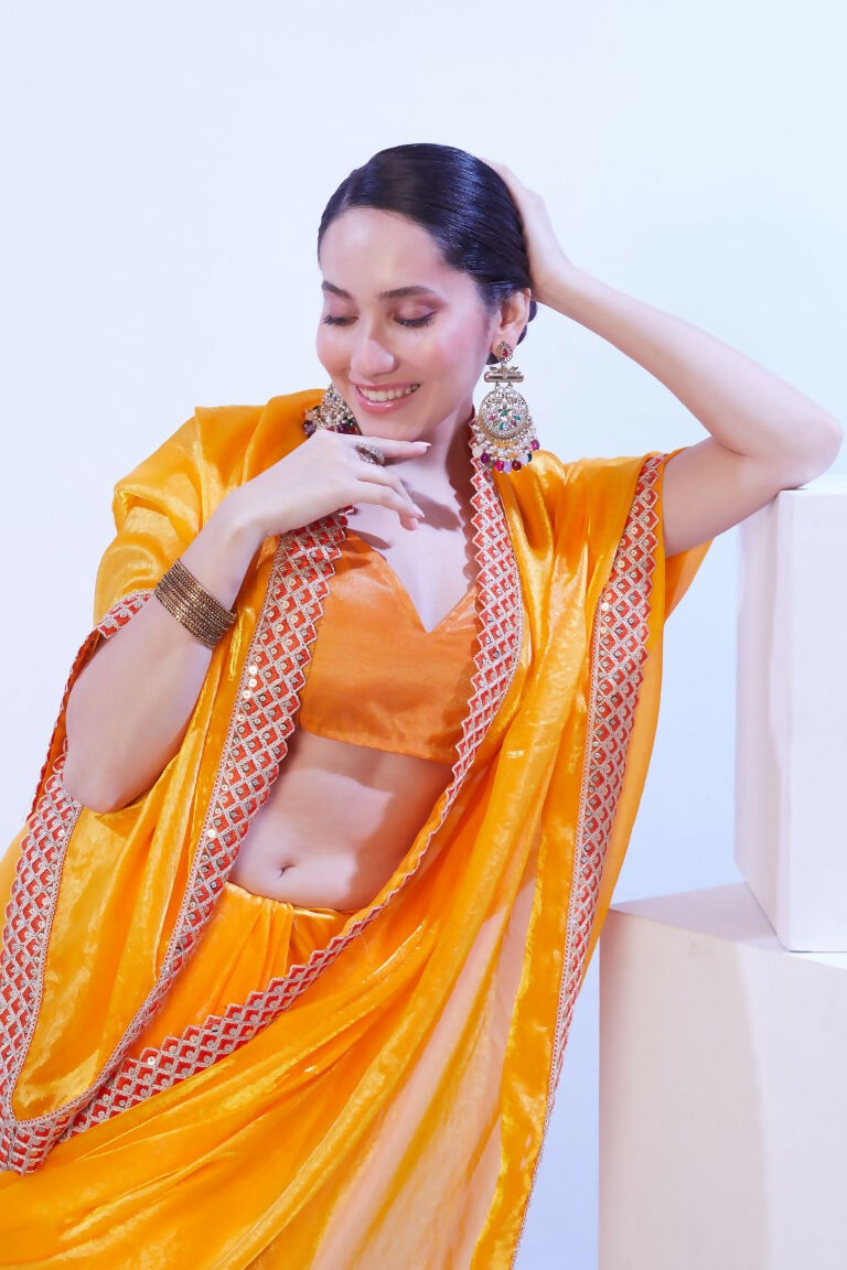 Yellow Satin Jimmy Choo Solid Designer & Lace Work Saree - Samaa | Grocsy