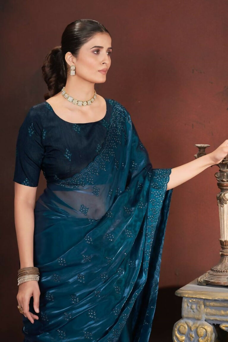 Vastranavya Rama Jimmy Choo Silk 3mm Sequence work with Cross Stitch Embroidery work & Cutwork Border Saree | Grocsy